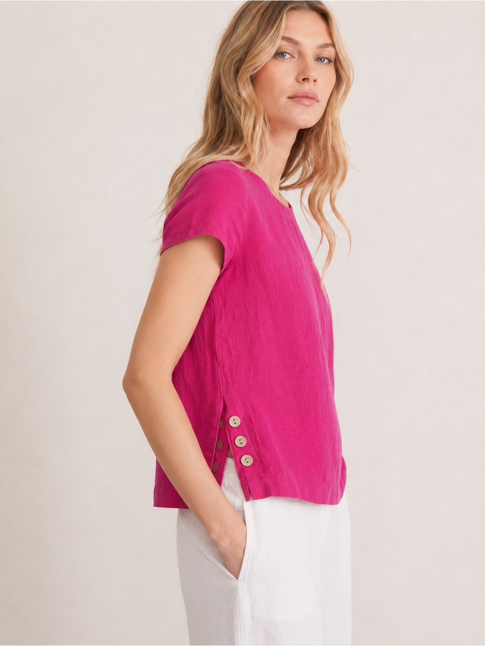 Cynthia Rowley 100% Linen Fuchsia Pink Short Sleeve Top Blouse M